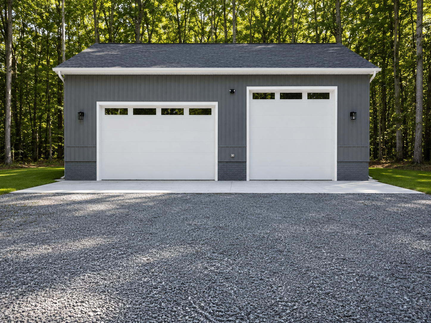 Detached two-bay garage with dark siding and white doors on a gravel drive