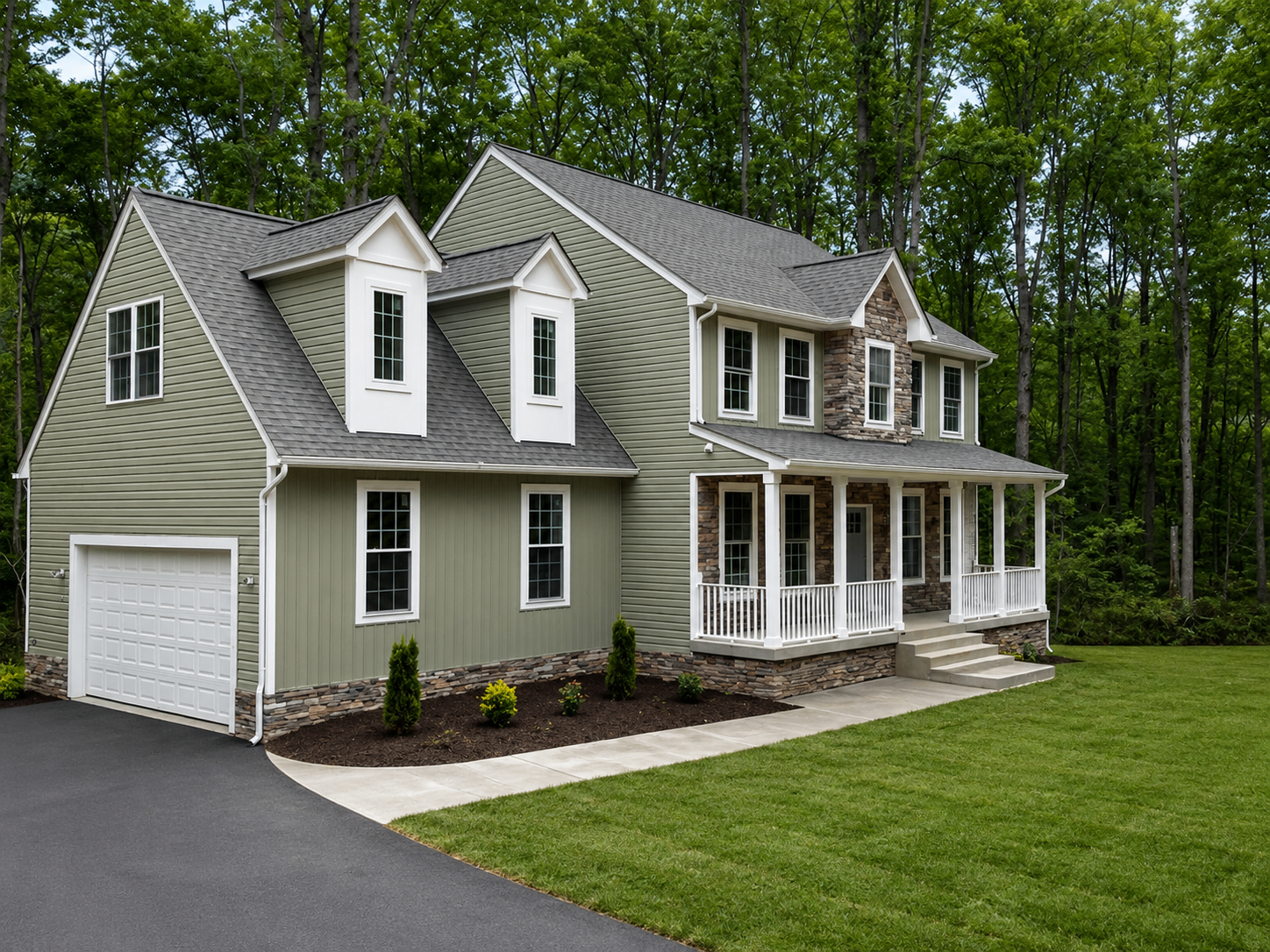 Custom green two-story home with stone accents, dormers and covered front porch