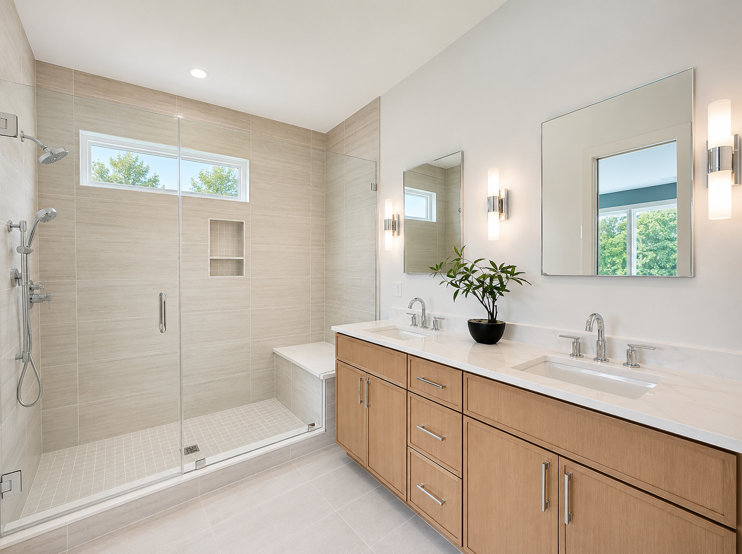 Bathroom remodel with walk-in glass shower, tile bench and double vanity with quartz countertop